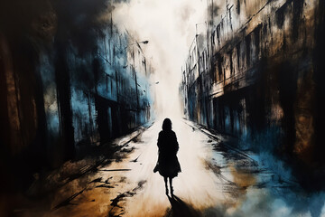 a lonely figure standing on an empty street, against a gloomy and cold urban landscape that conveys a sense of loneliness and isolation.