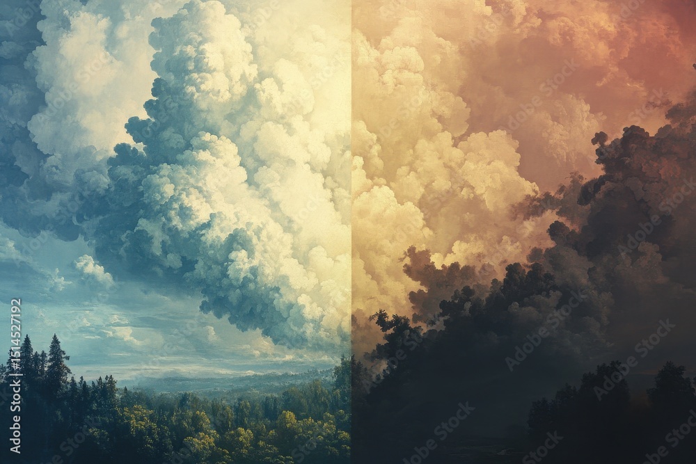 Poster transformation of clouds from light to dark over a tranquil landscape at sunset, change from light t