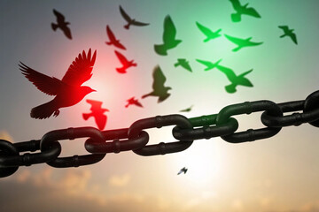 Breaking Free Birds Silhouetted Against a Chain at Sunset
