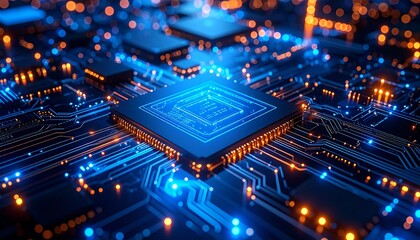 Obraz premium Complex circuit board with bright blue and orange glow lights in dark. For futuristic technology, data, server, and advanced computing concepts.