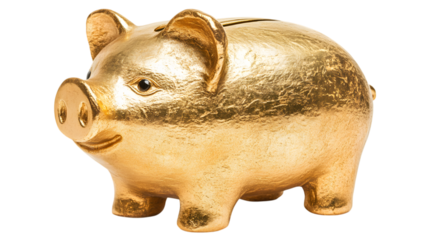 Golden piggy bank symbolizing wealth financial savings and future investment isolated