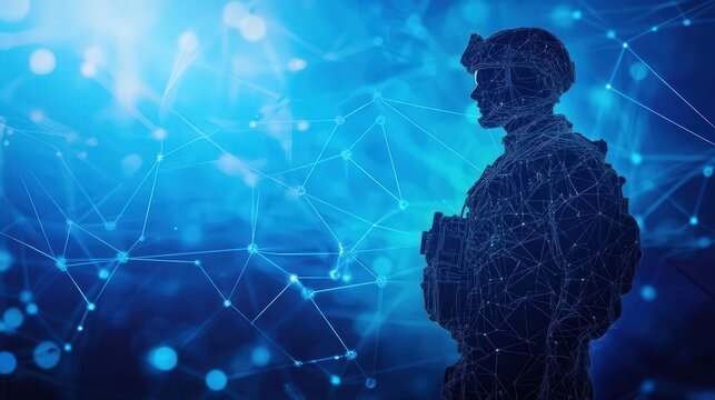 Silhouette of modern soldier with digital network lines and dots on blue background, symbolizing big data technology. 3D render, double exposure, high contrast style.