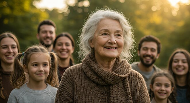 Multigenerational Family Portrait Outdoors in Autumnal Setting  A heartwarming scene of a large family gathered together, showcasing love and connection across generations.