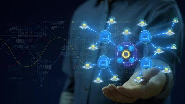 Procurement Management Industry for supply chain and retail logistics concept. Businessman shows animated procurement icons concept isolated on transparent background.