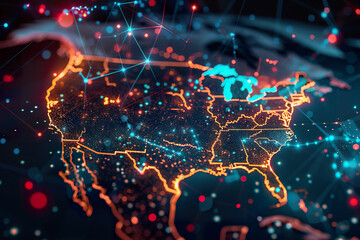 Fototapeta premium Digital map showing North American connectivity and data transfer networks and telecoms