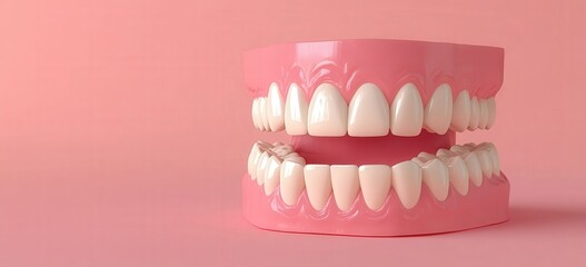 Obraz premium Front view of dental model of teeth on pink background with copy space, symbolizing oral health; shot with wide-angle lens for realistic, detailed appearance.