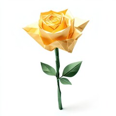 Yellow origami rose with green stem, isolated on white background. Detailed close-up, floral craft, paper art, minimalistic design