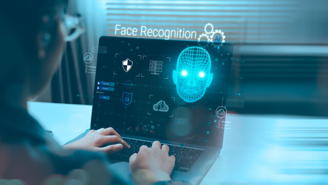 AI-powered face recognition system using machine learning for identity verification. Advanced biometric technology for secure login and personal data protection in the digital age.