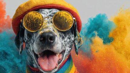 Adorable Dog in Colorful Sunglasses Surrounded by Vibrant Rainbow Powder