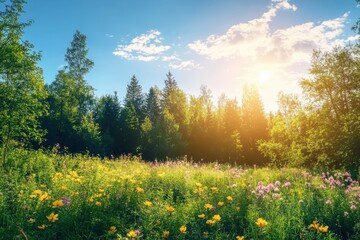 Sunlit forest meadow filled with vibrant wildflowers during a clear day in spring, Sunlit forest meadow with vibrant wildflowers and lush greenery under clear blue sky Nature concept