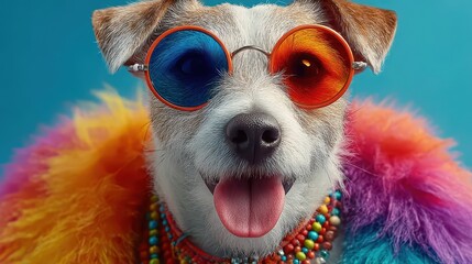 Cute Dog Wearing Colorful Rainbow Sunglasses with a Vibrant Feathered Costume