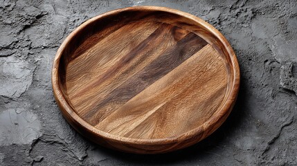 A top-down view of a round wooden plate resting on a dark, textured gray surface.
