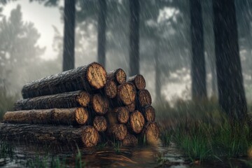Exploring a log pile in rainy woodland with misty atmosphere and lush greenery, Moving Around A Log Pile In Rainy Woodland
