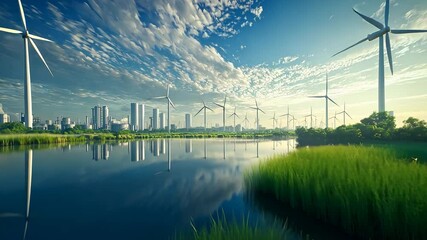 Wind turbines and city skyline by a calm river - Powered by Adobe