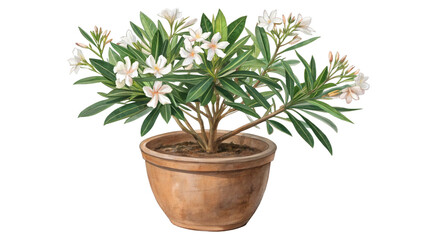 Watercolor Illustration of Nerium Oleander With White Blossoms in Clay Pot Isolated for Botanical Art and Garden Decor Design