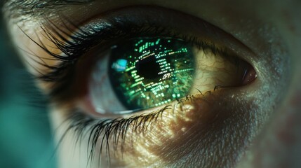 Close-up of human eye with digital holographic overlays, green data visualizations, and blurred face, symbolizing vision, technology, and futuristic innovation.