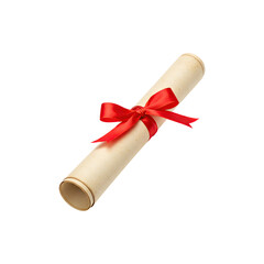 Rolled diploma scroll tied with a red ribbon on white