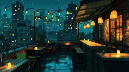 Cozy Rooftop Bar Scene with String Lights and Tables Under a Starry Night Sky