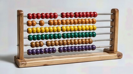 A vibrant wooden abacus stands out with its colorful beads neatly aligned on a white background.
