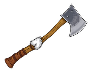 Detailed illustration of a battle axe with wooden handle