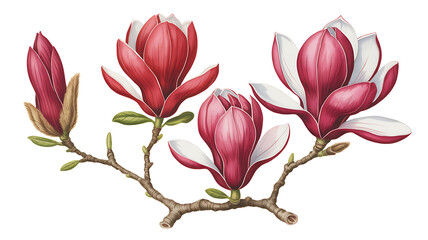 Exquisite hand drawn illustration of a branch adorned with vibrant magnolia flowers