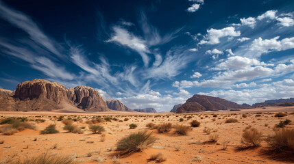 Wide shot , desert and blue sky view hight contrast color tones.