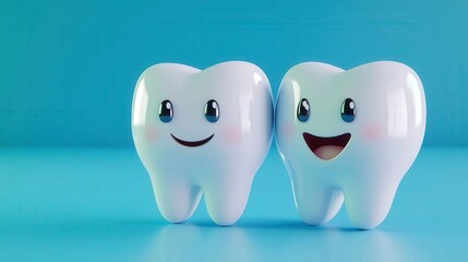 Two smiling cartoon teeth on a blue background with copy space, conveying dental health or care concept. High-resolution digital art, clean and sharp details.