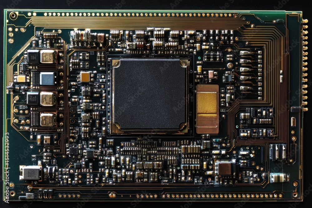 Poster flickering computer processor integrated circuit board with intricate designs illuminated in dim lig