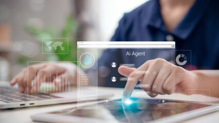 AI agent interface on virtual screen showing chatbot interaction, dashboard analytics, and user profile, representing a smart digital assistant in modern technology.