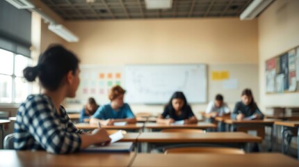 A classroom scene with students taking a test, a focused girl in the foreground