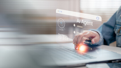 Futuristic AI agent interface on a laptop, representing artificial intelligence in digital assistants, automation, and human-computer interaction in the modern tech era.