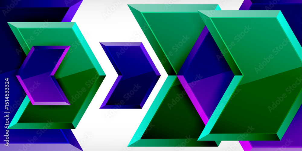 Poster abstract geometric shapes, vibrant colors, dynamic composition. green, purple, cyan elements create 