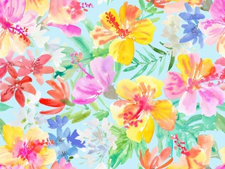 Seamless pattern of abstract pink and yellow hibiscus flowers, tropical foliage, and monstera leaves painted in watercolor. Hand painted tropical floral wallpaper in watercolor for wedding invitation.