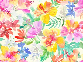 Seamless pattern of abstract pink and yellow hibiscus flowers, tropical foliage, and monstera leaves painted in watercolor. Hand painted tropical floral wallpaper in watercolor for wedding invitation.