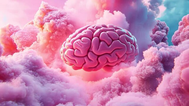 Human brain floats amidst dreamy pink and blue clouds.