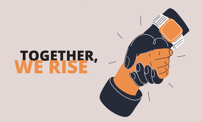 Vector illustration of one hand reaching to pull another up, symbolizing help, support, and teamwork