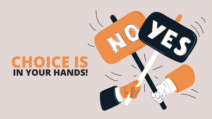Vector illustration of two hands showing Yes and No signs, representing disagreement and choice conflict