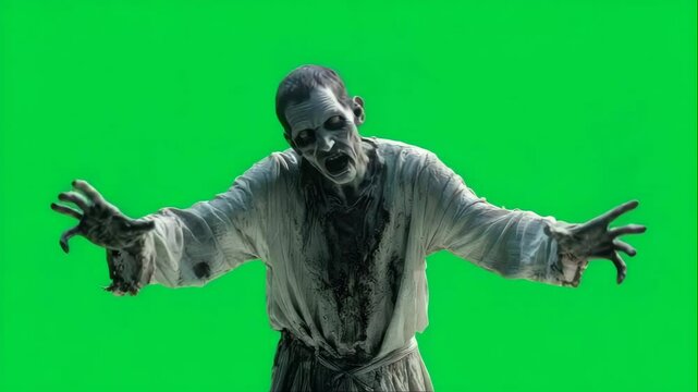 Creepy zombie character reaching out on green screen
