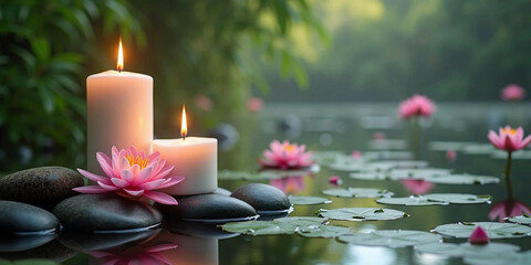 Burning candles on a stone on the shore of a lake with blooming lotuses. Flower and candles on the background of nature, ritual ceremony.