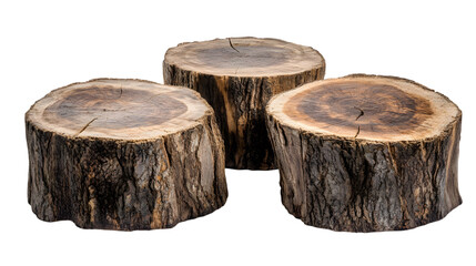 Obraz premium Three natural tree stumps showcase wood texture and rings isolated on black