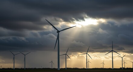 Obraz premium This stunning scene portrays the future of energy with a wind farm's turbines, set against a powerfully contrasting sky of dark clouds and brilliant sun rays.