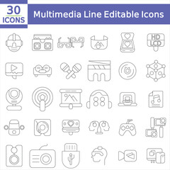 Multimedia Line Editable Icons set. Vector illustration in thin line style of modern digital technology icons photo  music, audiovisual