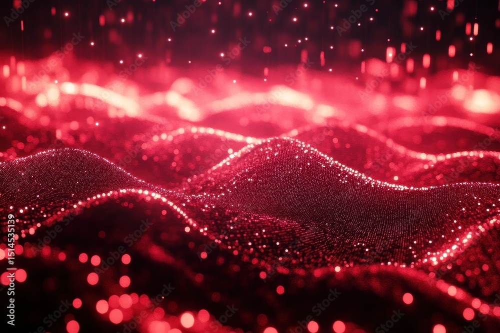 Poster Luminous waves of movement create an abstract red background full of energy and dynamism, Abstract background with the movement of luminous particles Digital technology 3D rendering