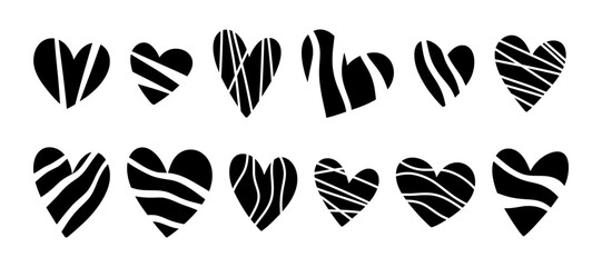 Hand drawn patterned cute black hearts. Trendy decorative elements for romantic template, greeting cards, stickers. Valentine's day lined and striped hearts set. Love and Valentines day concept.