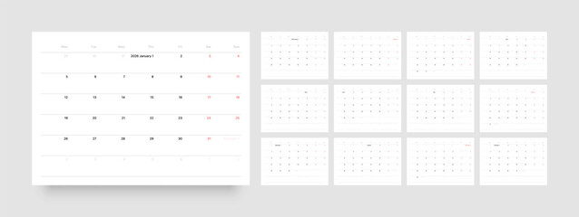 Monthly calendar layout for 2026 year. Minimalistic Diary planner for 2026 year. Week Starts on Monday. 