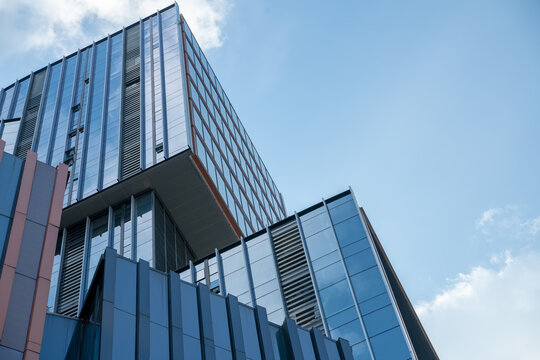low angle view of modern skyscrapers and skyline.