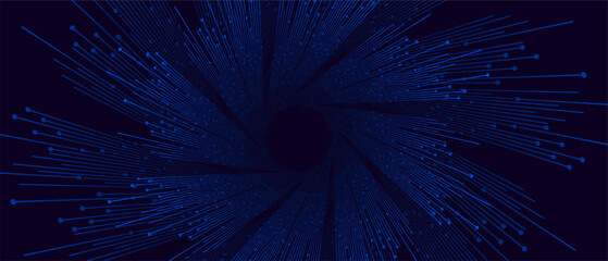 Blue lines radiate from central dark octagon on dark backdrop