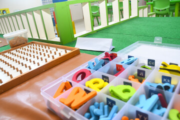 wood toys at pre school classroom. Kindergarten education smart games for children © Iwankrwn