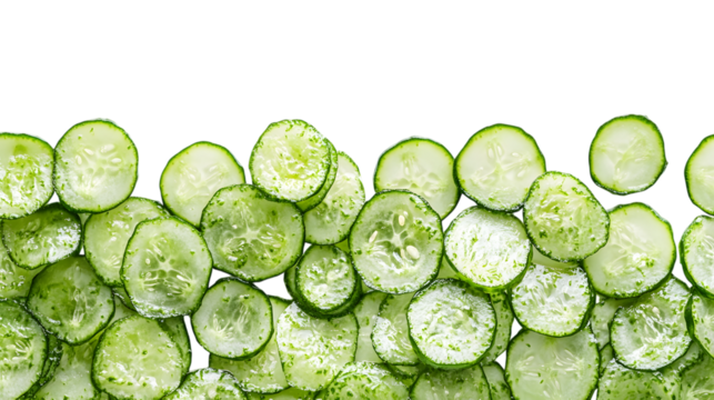 Fresh cucumber slices piled together on a solid black background top view