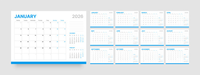 Monthly calendar layout for 2026 year. Diary planner for 2026 year. Week Starts on Monday. 